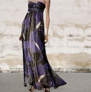 BCBGMaxAzria purple/ silver print strapless flowy silk gown NWT New Sz 0